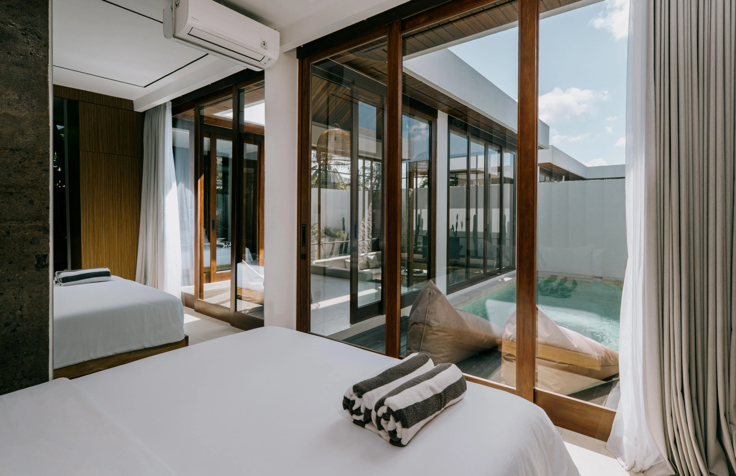 2 bedroom villa for sale in Kuta Lombok view from the bedroom to the swimming pool