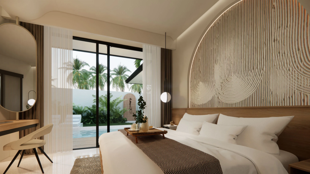 Bedroom with swimming pool view of a villa for sale in central kuta