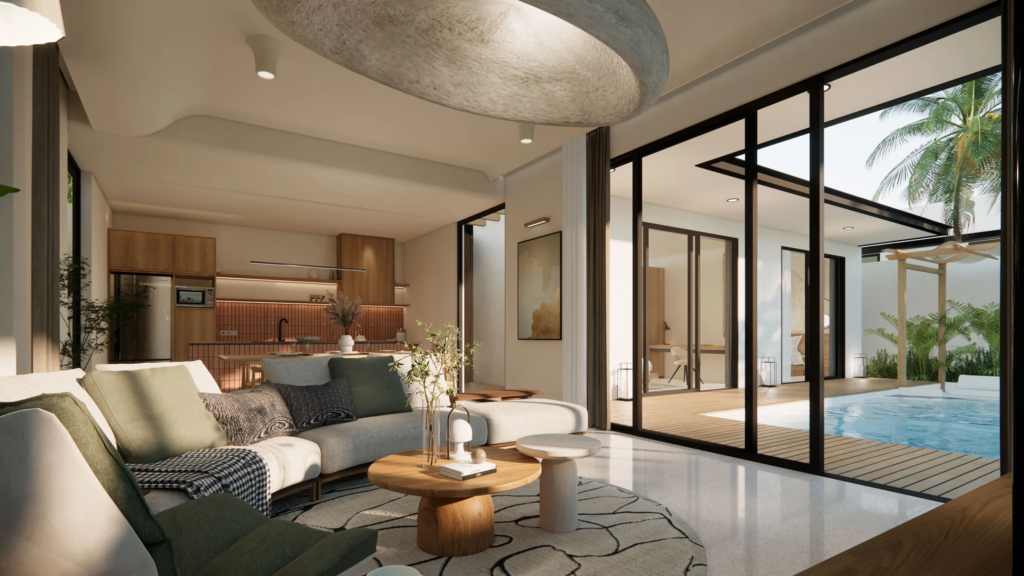 Living room with swimming pool view of a villa for sale in central kuta