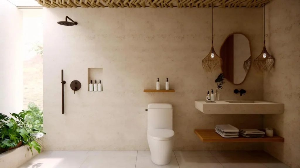 Bathroom with skylight, indoor greenery and Galam wood ceiling in a South Lombok loft villa