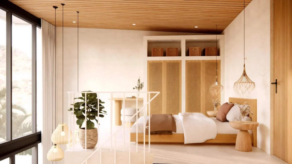 Mezzanine loft bedroom overlooking the living area in a Kuta Lombok villa studio for sale