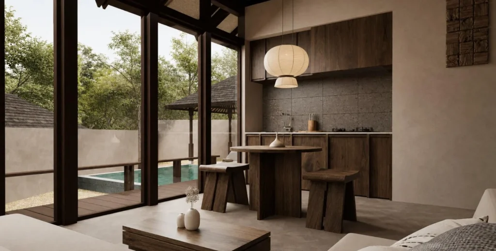 Open-plan living area of the one-bedroom Ki villa, Kuta Lombok