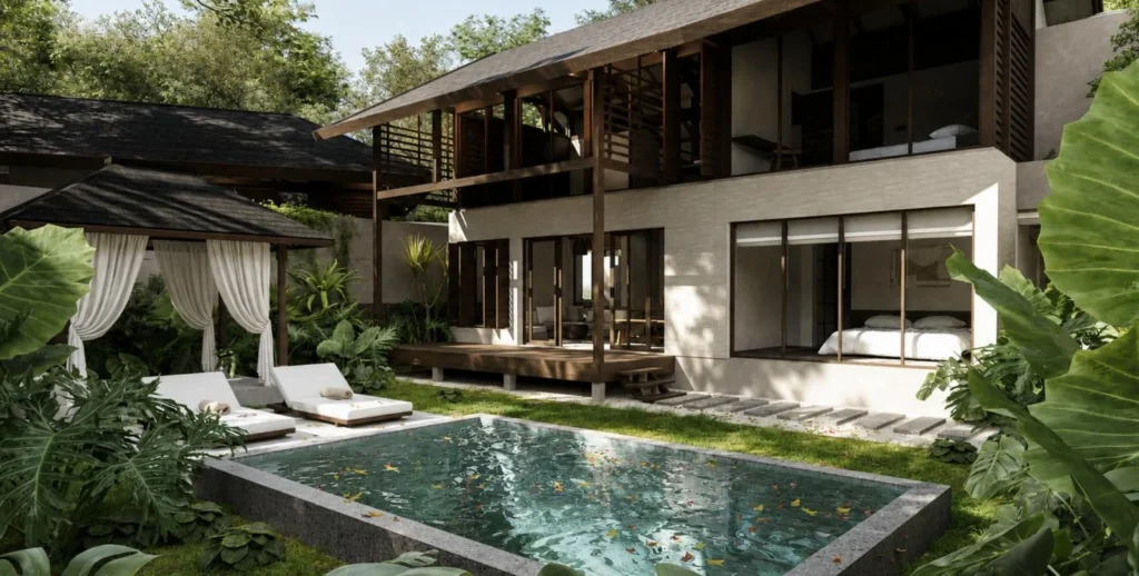 Two-bedroom Mori garden villa and landscaped grounds in Kuta, South Lombok