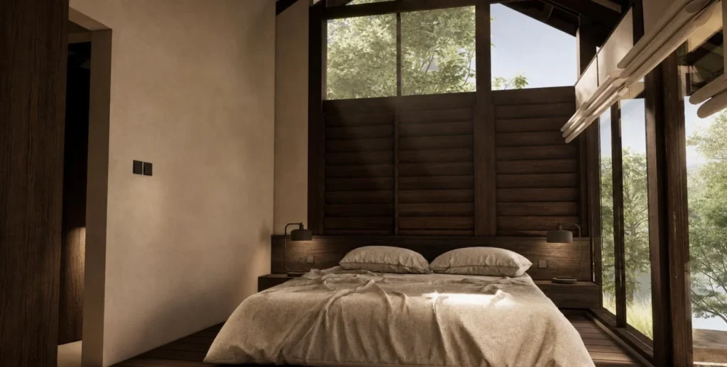 Bedroom interior of the two-bedroom Niwa villa in Kuta, South Lombok