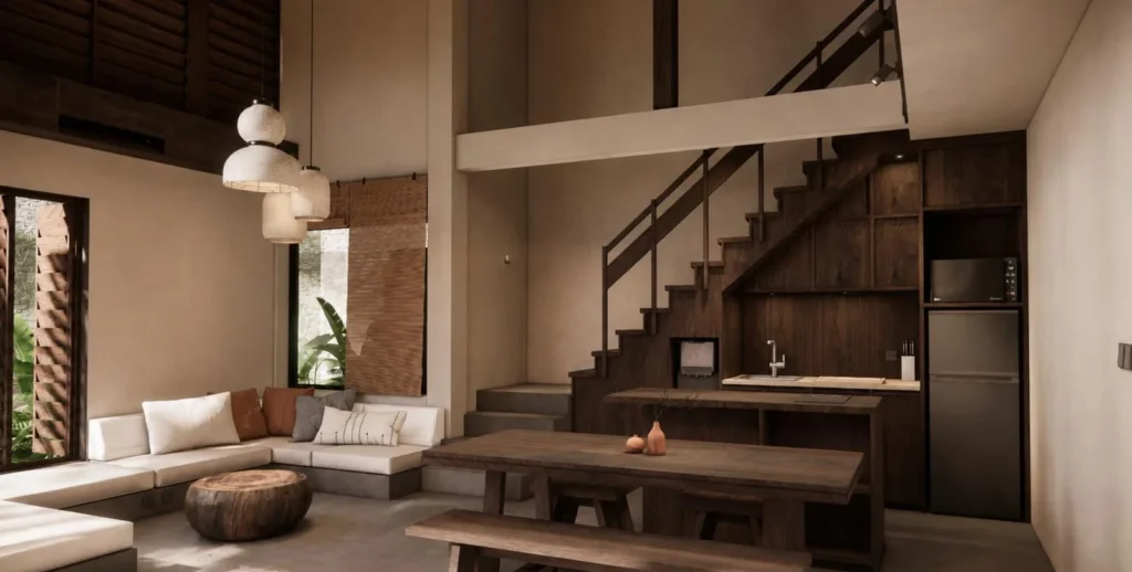 Indoor-outdoor living area of the two-bedroom Niwa villa, Kuta Lombok