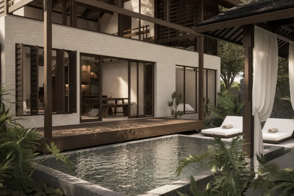 Lush Villas for sale in Kuta Lombok, private pool and garden gazebo