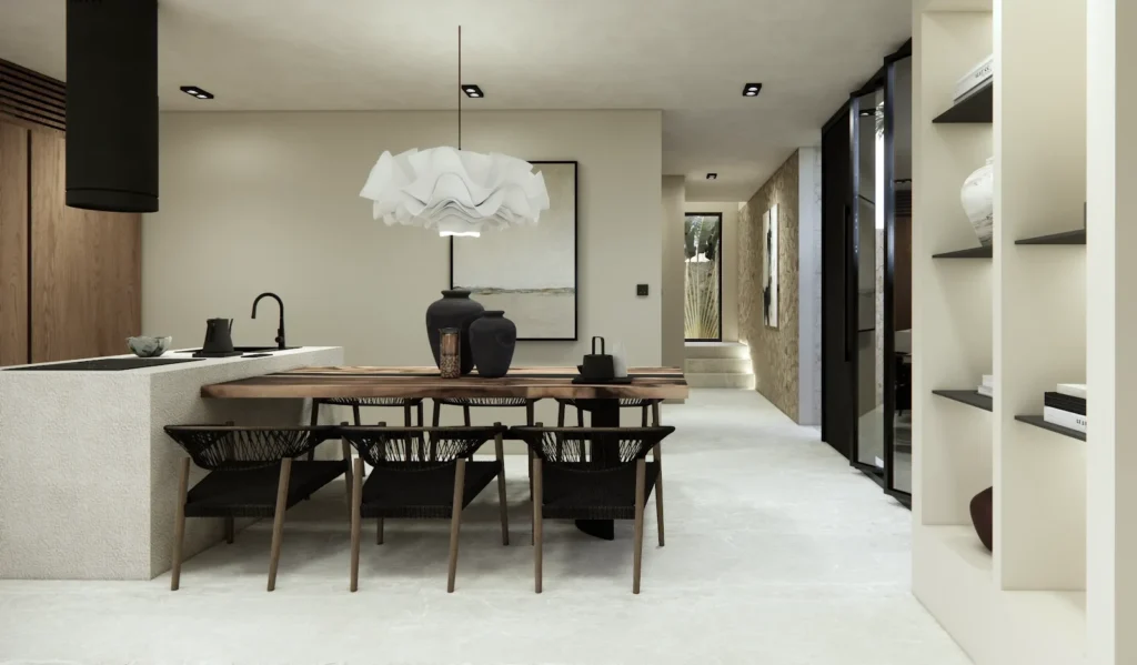 Dining and kitchen area oriented to the ocean in an Are Guling seaview villa for sale