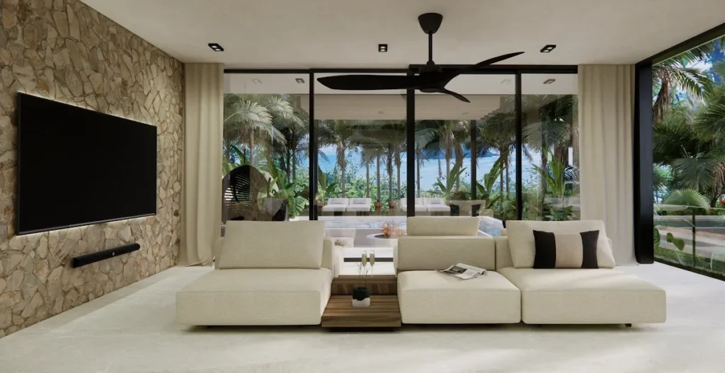Open-plan living area with sea view inside a Mandalika villa for sale in Are Guling