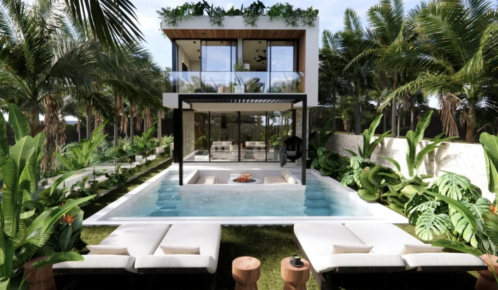 Mandalika villa exterior with central courtyard pool and fire pit, Are Guling seaview villas for sale