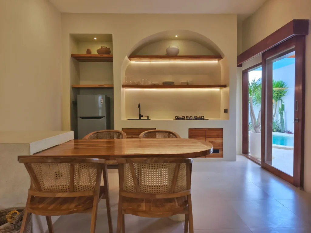 Dining and living area of the built villa for sale in Kuta, South Lombok