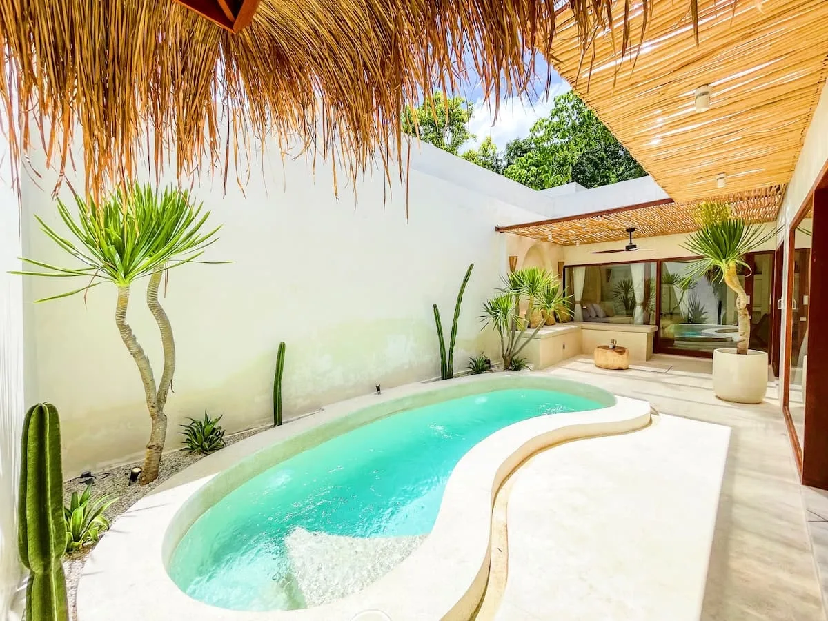 Kuta built villa for sale, South Lombok: facade of the completed two-bedroom villa with private pool in a quiet green neighbourhood