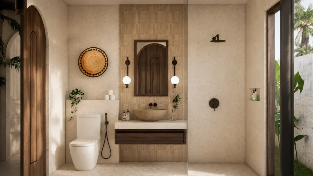 Bathroom with natural stone finishes in a Kuta tropical villa for sale