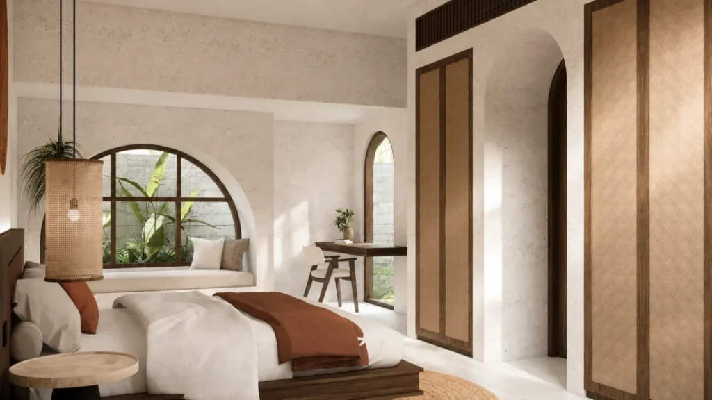 Full view of the bedroom in a Kuta tropical villa for sale with pool access