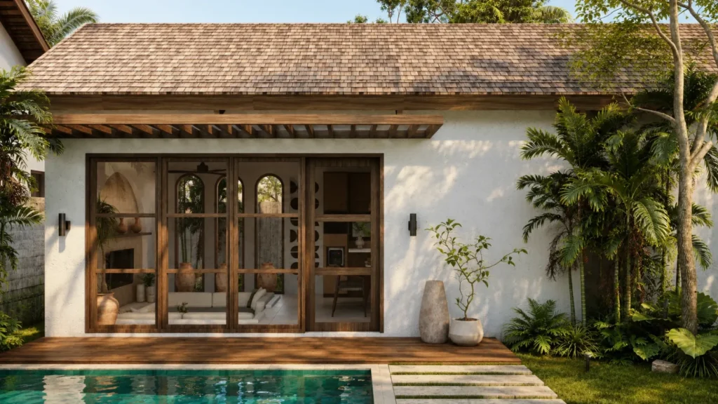 Facade of a Kuta tropical villa for sale built with natural stone and tropical hardwood