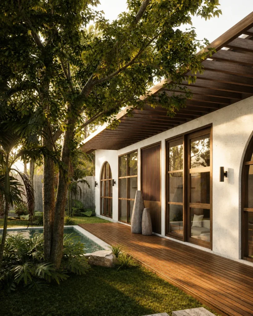 Garden and terrace of a Kuta tropical villa for sale in the hills of Kuta