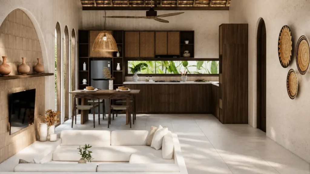 Kitchen opening onto the living area in a Kuta tropical villa for sale, South Lombok