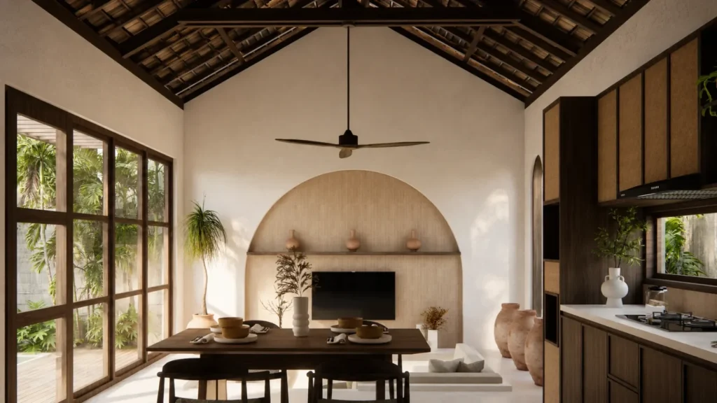 Living, dining and kitchen area of the 2-bedroom Kuta tropical villa for sale