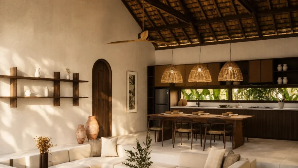 Living room and kitchen of a one-bedroom Kuta tropical villa for sale
