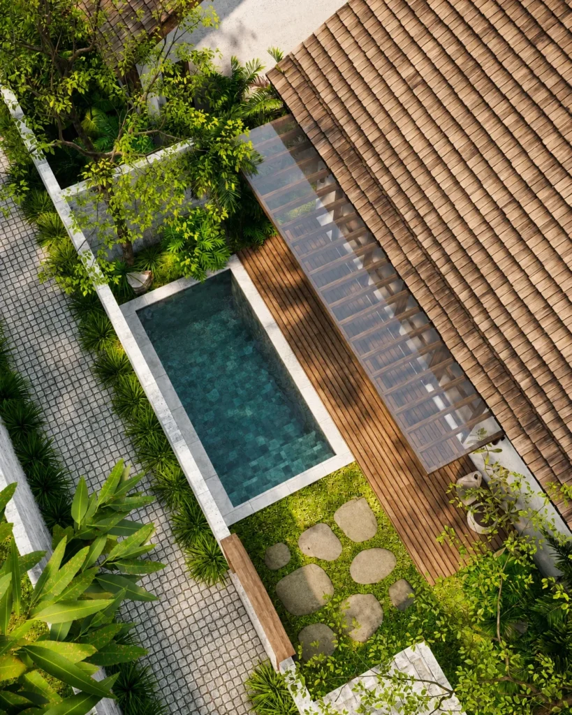 Private pool of a Kuta tropical villa for sale with view over the landscaped garden