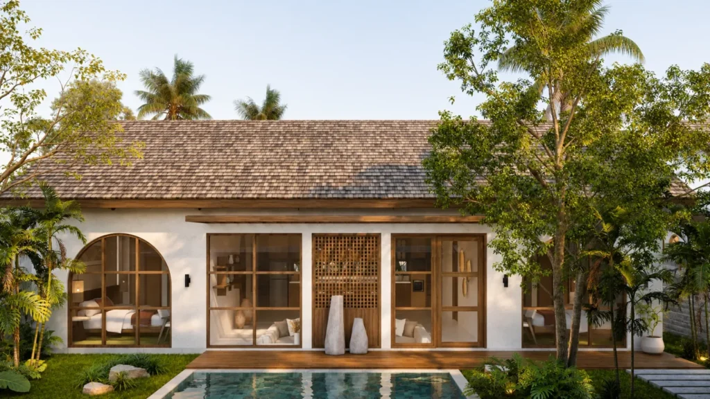 Kuta tropical villas for sale, South Lombok: render of Villa Tanah, the 2-bedroom pool villa in the three-villa collection