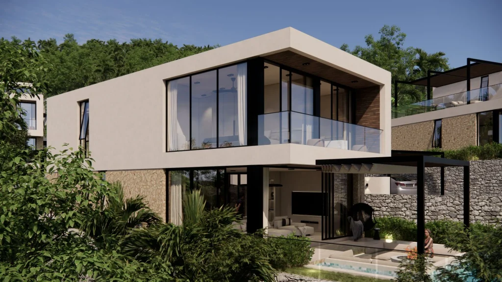 Exterior render of a Mandalika three-bedroom seaview villa for sale in Are Guling, South Lombok