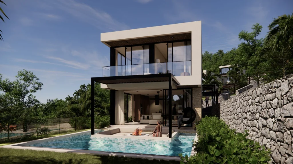 Exterior render of a Mandalika three-bedroom seaview villa for sale in Are Guling, South Lombok